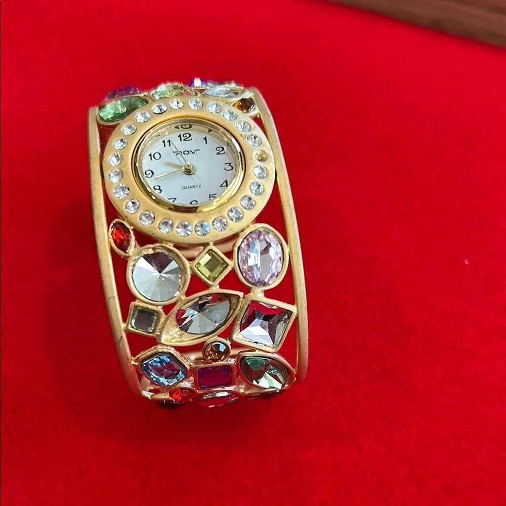 Vintage Estate Elegant Gold and Multicolor Crystal Cuff Watch